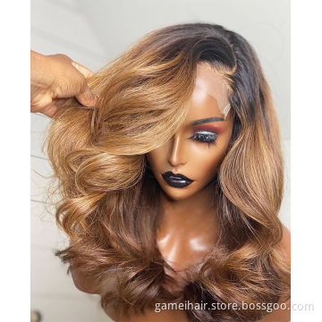 Wholesale high quality Highlight Lace Front Wig #4/30 Brown  Color Lace Wig Body Wave brazilian Raw Hair Human Hair Wigs